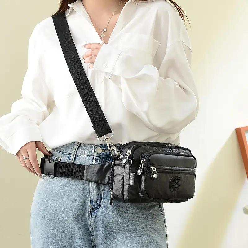 Women's Black Nylon Shoulder Messenger Bag with Waist Buckle - Image 7