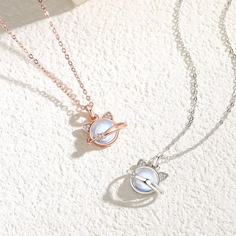 Japanese Cat Pendant Necklace Set Rose Gold Moonstone