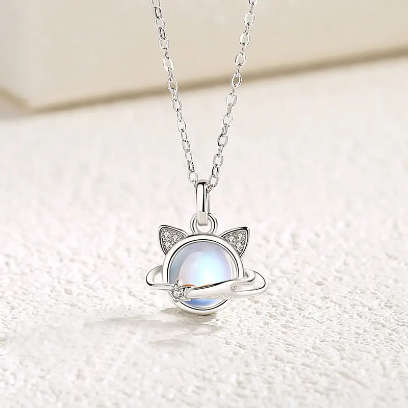 Japanese Cat Pendant Necklace Set Rose Gold Moonstone