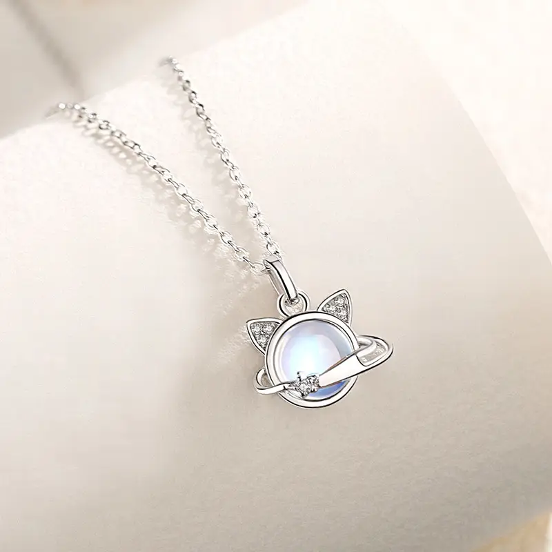 Japanese Cat Pendant Necklace Set Rose Gold Moonstone