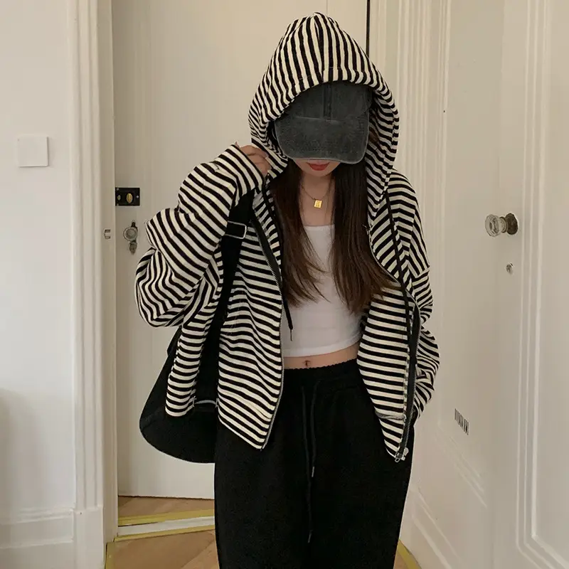 Women Stripe Zipper Jacket 2023 Korean Style - Image 5