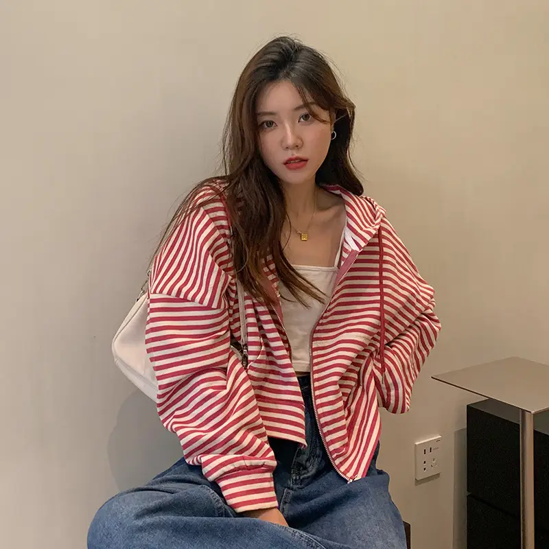 Women Stripe Zipper Jacket 2023 Korean Style - Image 6