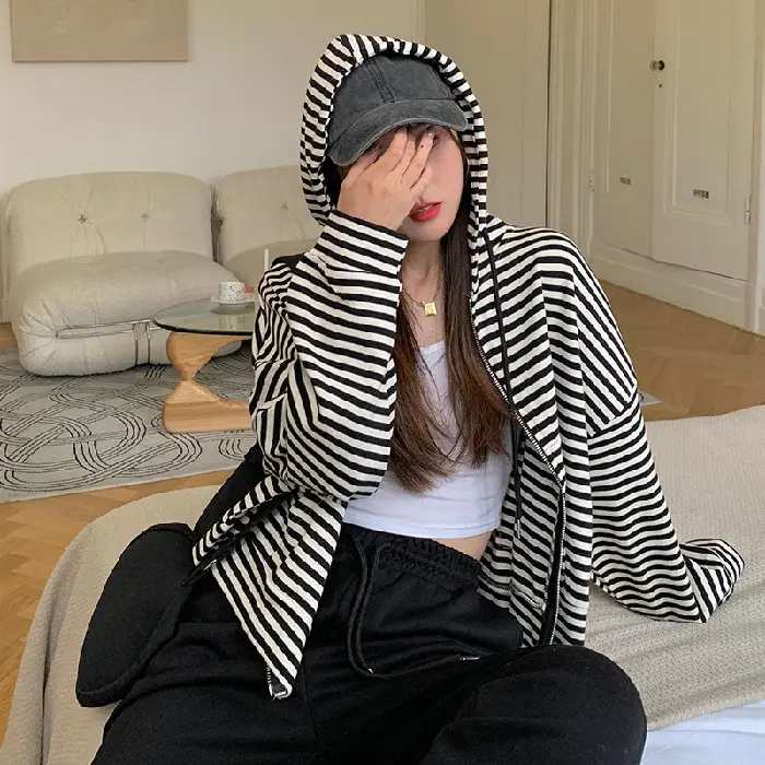 Women Stripe Zipper Jacket 2023 Korean Style - Image 2
