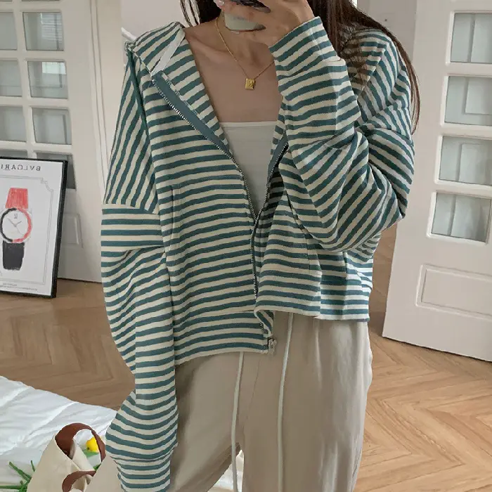 Women Stripe Zipper Jacket 2023 Korean Style - Image 3