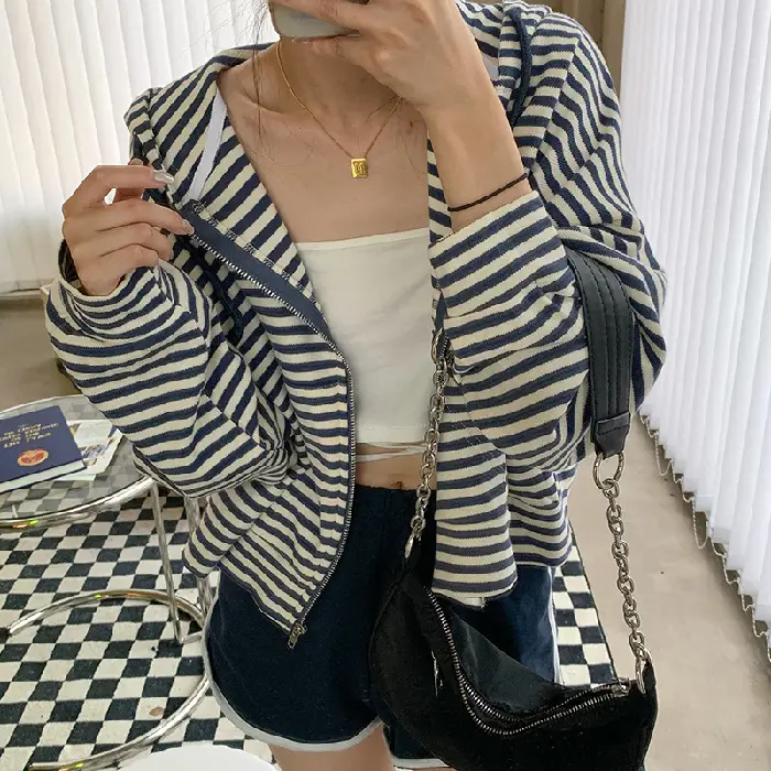 Women Stripe Zipper Jacket 2023 Korean Style - Image 4