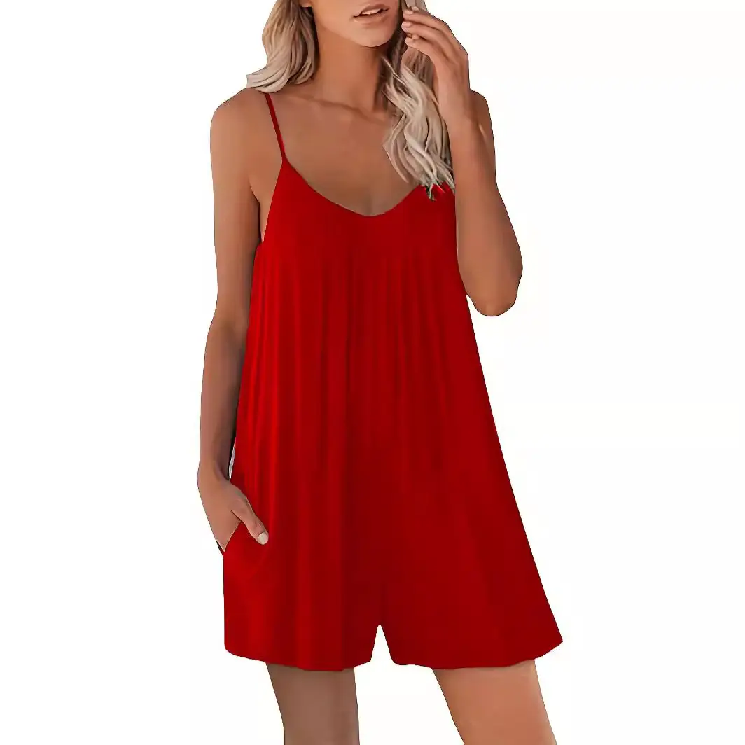 Women Red Pure Color Jumpsuit Summer Casual Cross-Border - Image 12