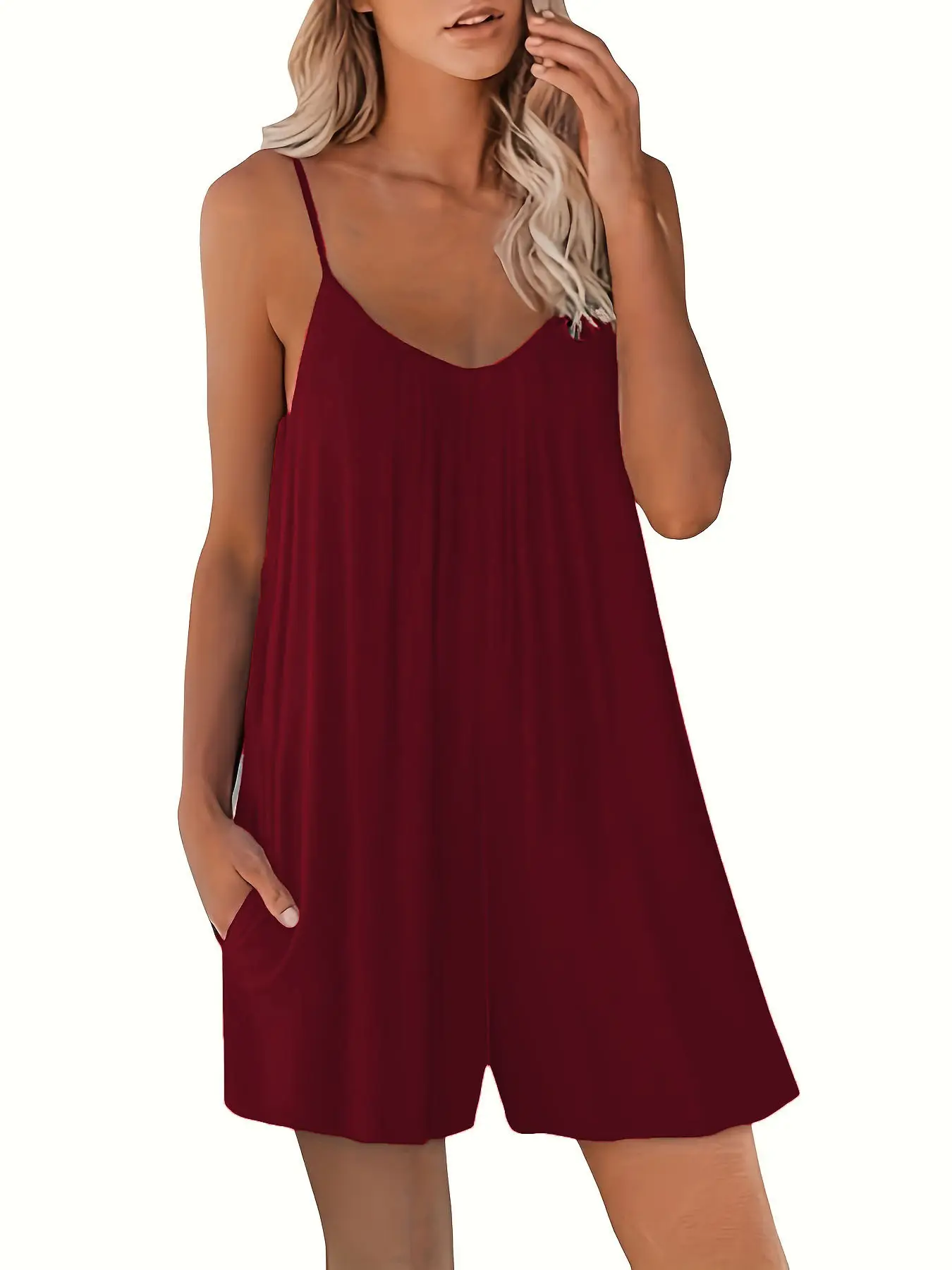 Women Red Pure Color Jumpsuit Summer Casual Cross-Border - Image 7