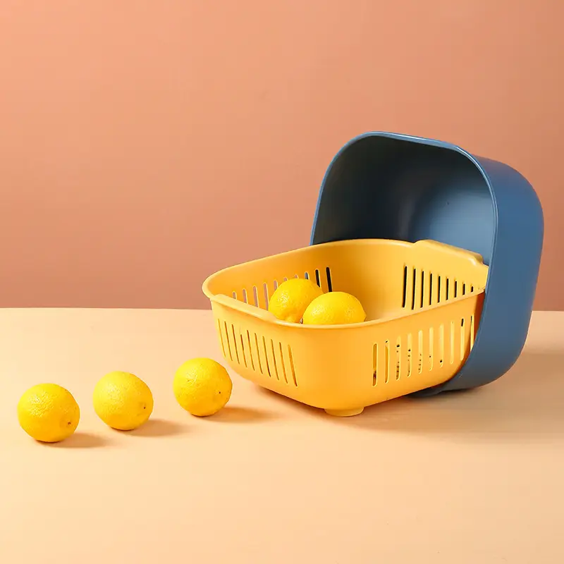 Double Layer Draining Vegetable Wash Basket Blue Yellow - Image 12