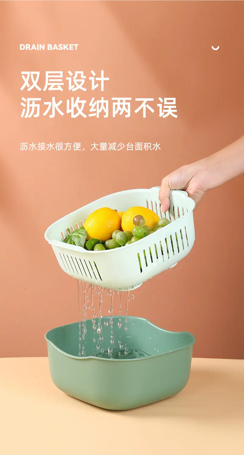 Double Layer Draining Vegetable Wash Basket Blue Yellow — feature 3