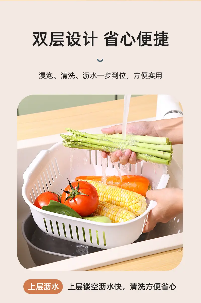 Double Layer Draining Vegetable Wash Basket Blue Yellow — feature 4