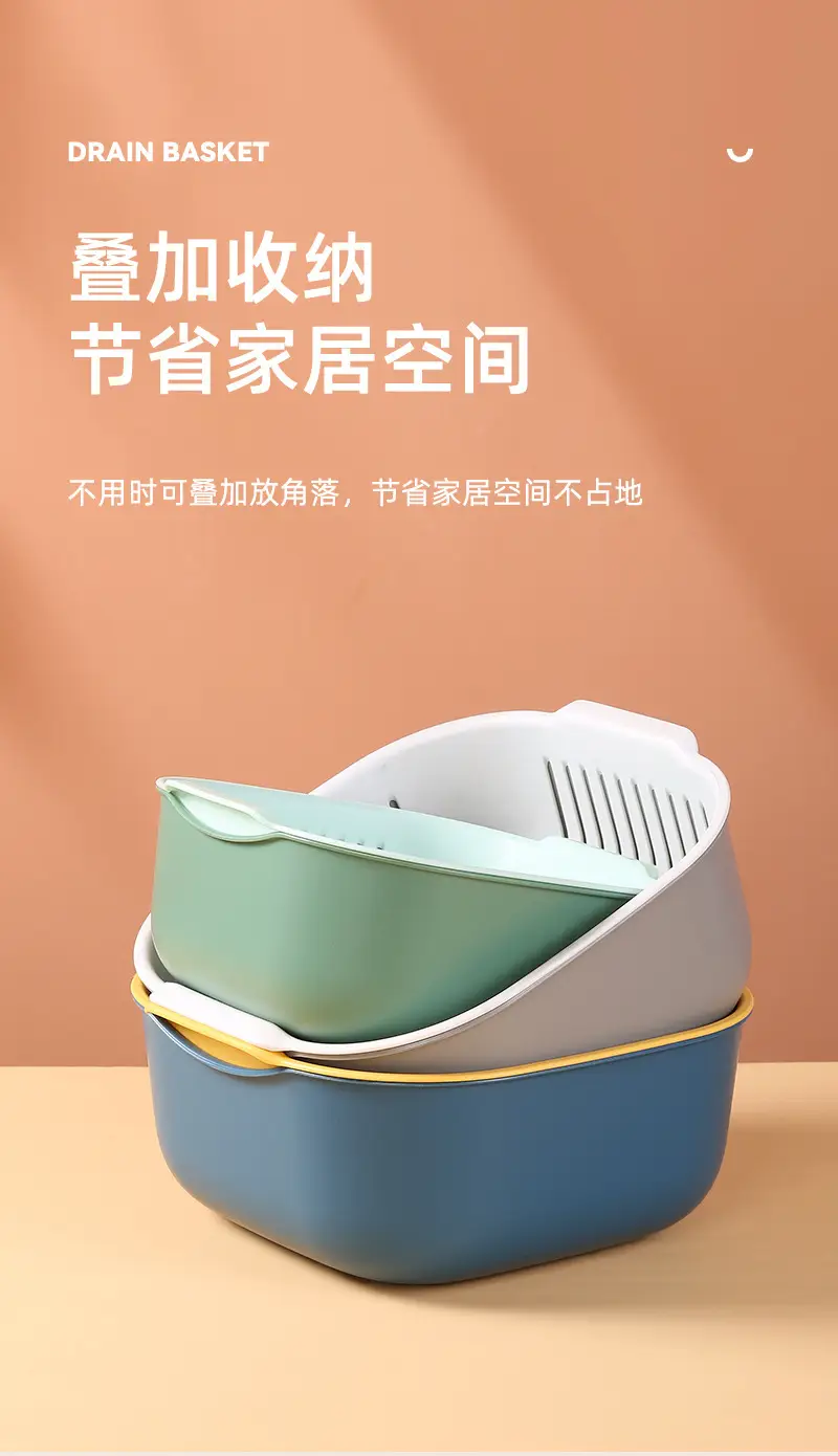 Double Layer Draining Vegetable Wash Basket Blue Yellow — feature 8