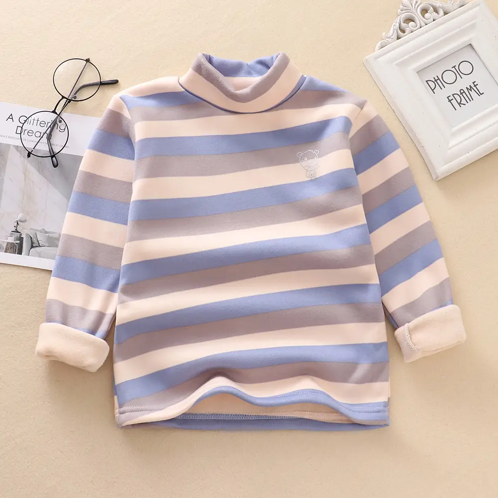 Boys Striped Mock Collar T-Shirt Large Fleece Warm - Image 4