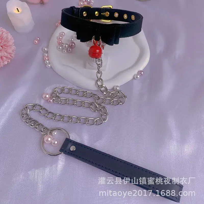 Sexy Bell Collar Traction Chain Bow Leather Neck Ring Dog Chain Maid Traction Chain Rope Bed Flirting - Image 6