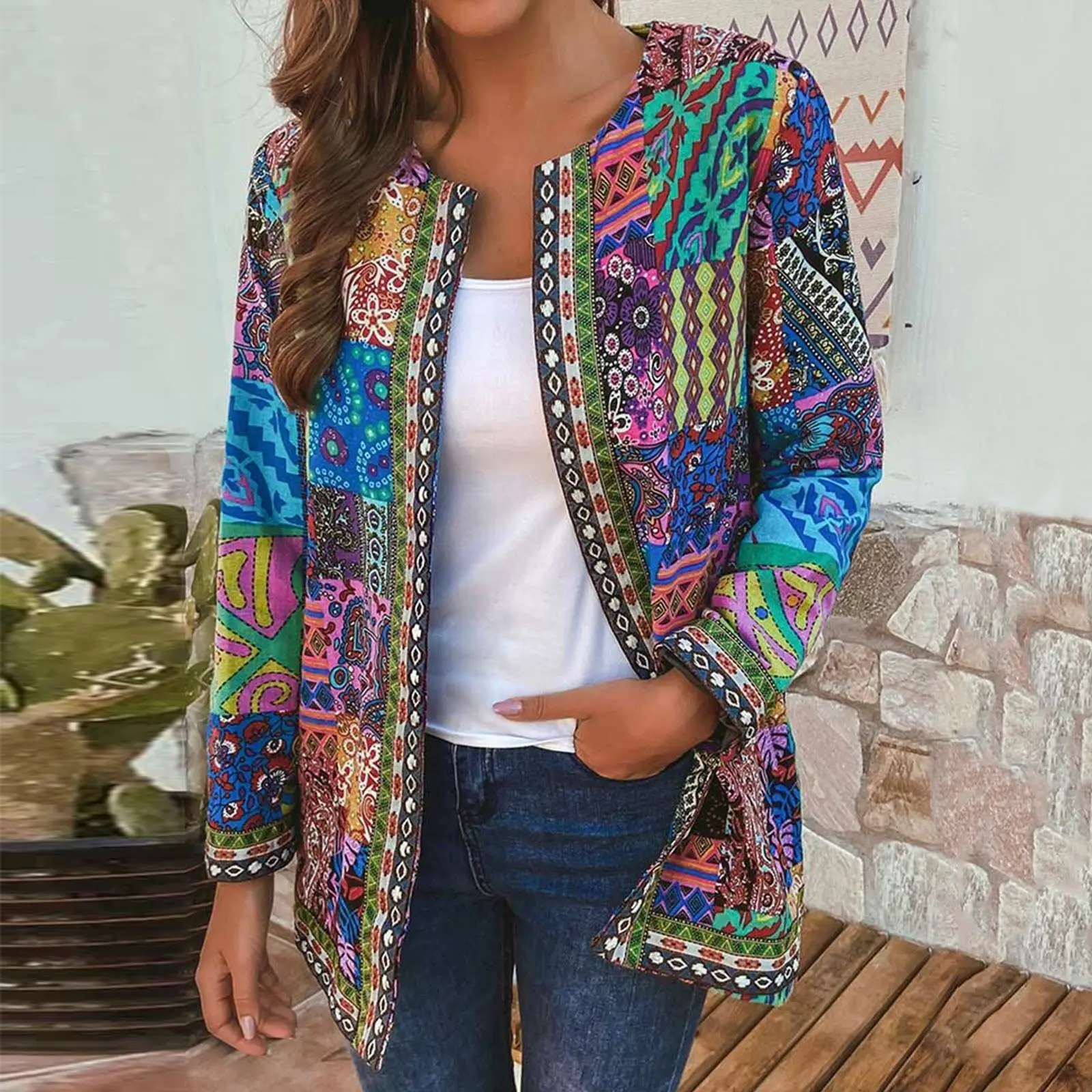 Retro Printed Long Sleeve Cardigan Jacket with Vibrant Colors - Image 2