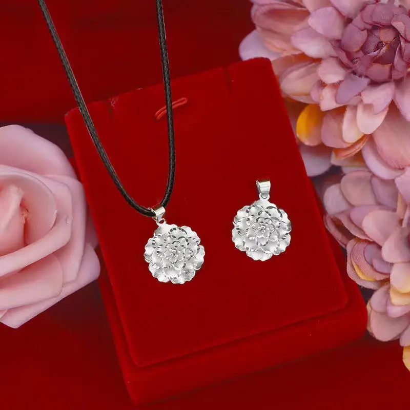 Brass Gold Peony Pendant Necklace Set for Women - Image 4