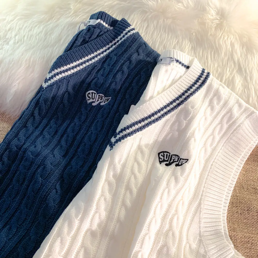 Japanese V-Neck Knitted Vest for Men Blue White - Image 4