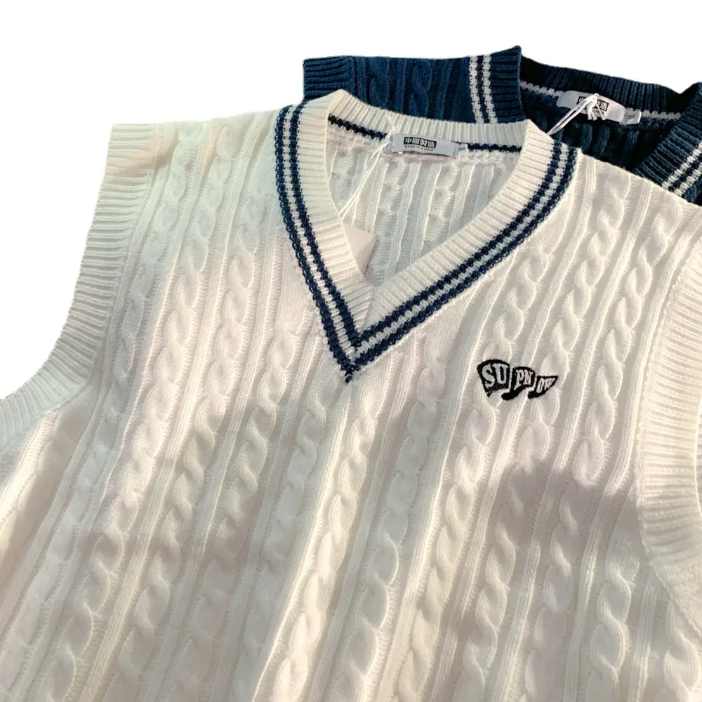 Japanese V-Neck Knitted Vest for Men Blue White - Image 5