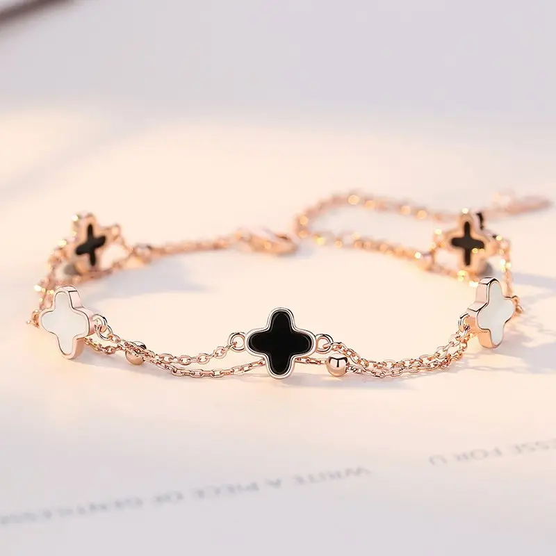 Four-Leaf Clover Bracelet for Girls Sterling Silver Double Layer