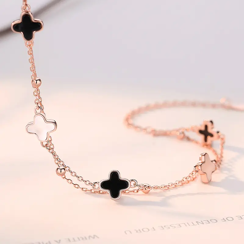 Four-Leaf Clover Bracelet for Girls Sterling Silver Double Layer