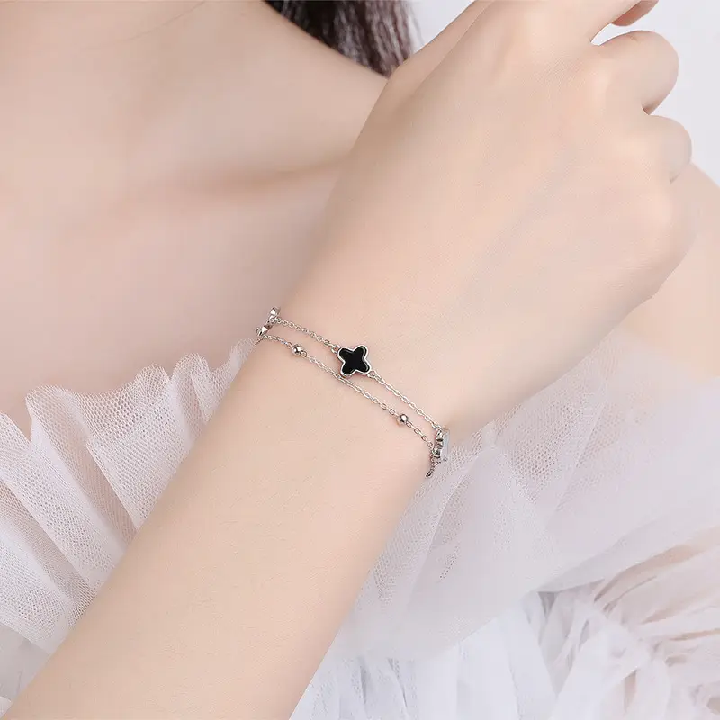 Four-Leaf Clover Bracelet for Girls Sterling Silver Double Layer