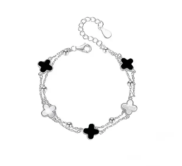 Four-Leaf Clover Bracelet for Girls Sterling Silver Double Layer