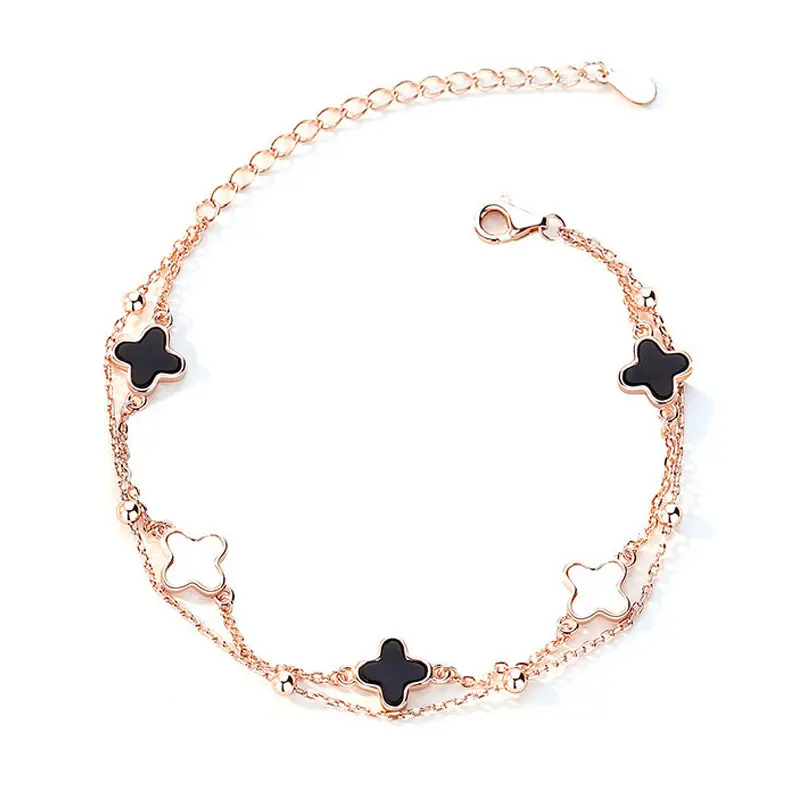 Four-Leaf Clover Bracelet for Girls Sterling Silver Double Layer
