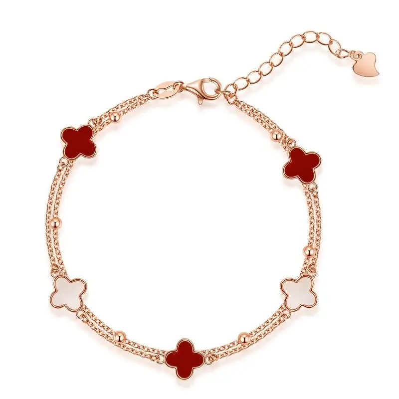 Four-Leaf Clover Bracelet for Girls Sterling Silver Double Layer