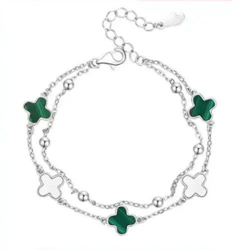 Four-Leaf Clover Bracelet for Girls Sterling Silver Double Layer