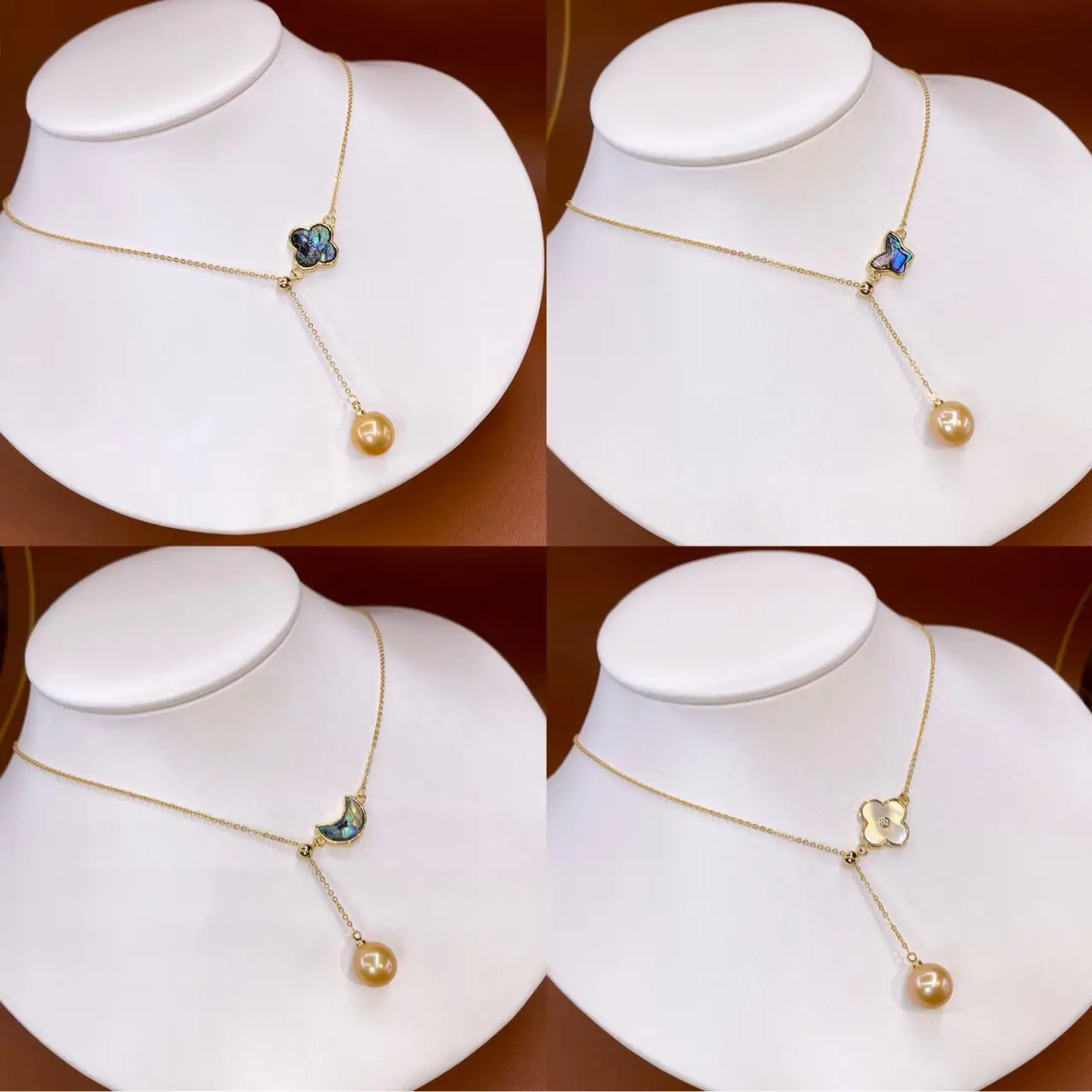 Gold Pearl Pendant Necklace with Abalone Shell Design — feature 4