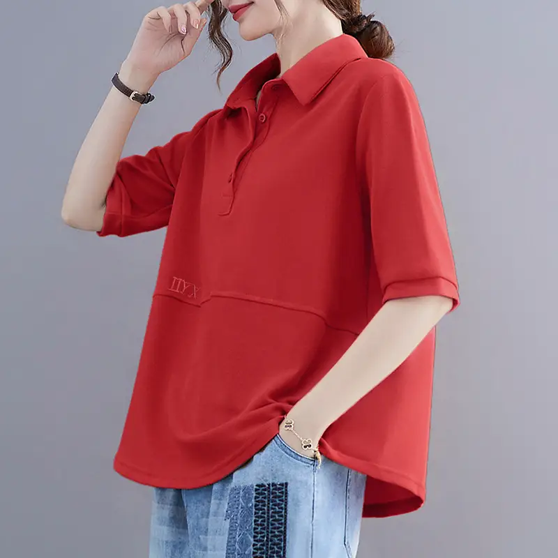 Women Purple Polo T-Shirt 2023 Summer Loose Fit Large - Image 9