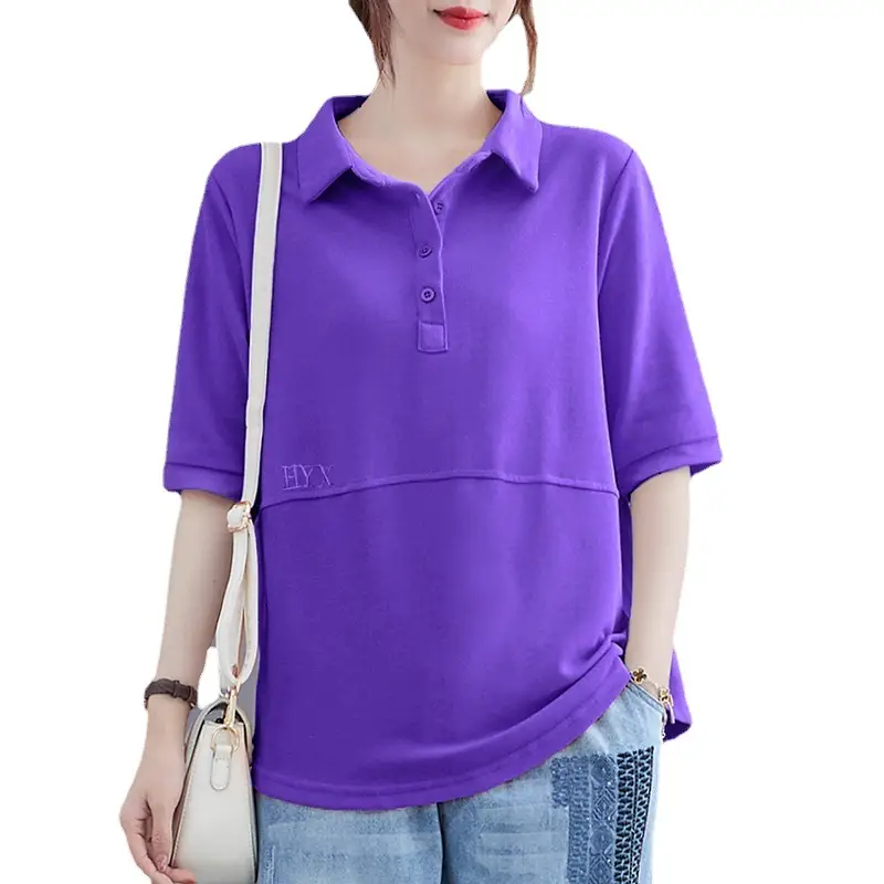 Women Purple Polo T-Shirt 2023 Summer Loose Fit Large - Image 10