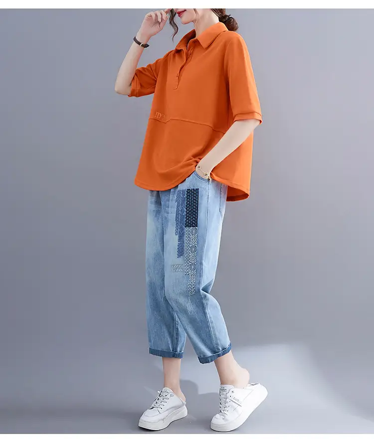 Women Purple Polo T-Shirt 2023 Summer Loose Fit Large — feature 10