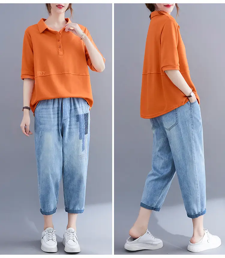 Women Purple Polo T-Shirt 2023 Summer Loose Fit Large — feature 12