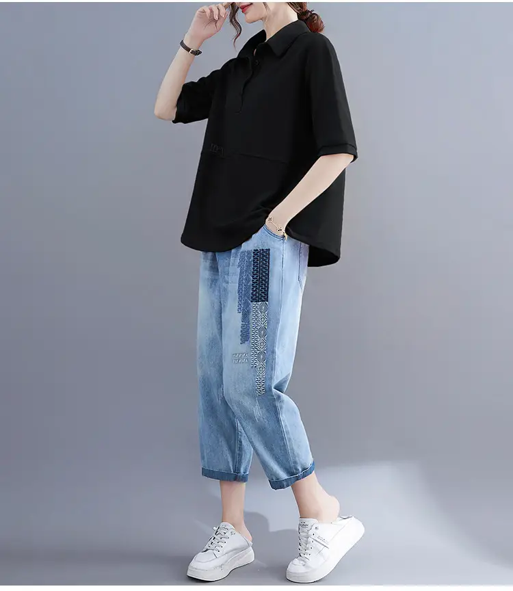 Women Purple Polo T-Shirt 2023 Summer Loose Fit Large — feature 13