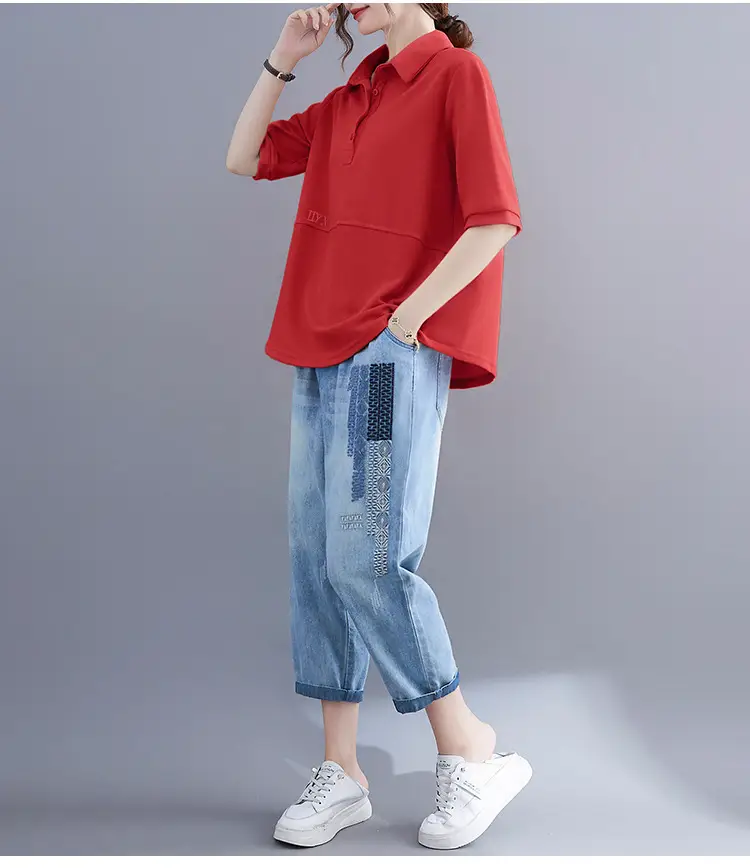 Women Purple Polo T-Shirt 2023 Summer Loose Fit Large — feature 18