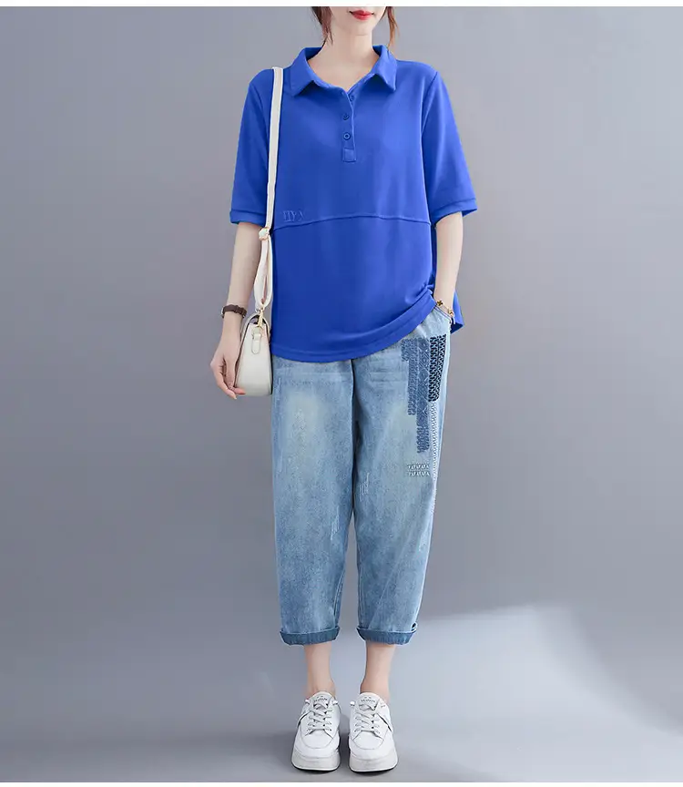 Women Purple Polo T-Shirt 2023 Summer Loose Fit Large — feature 5