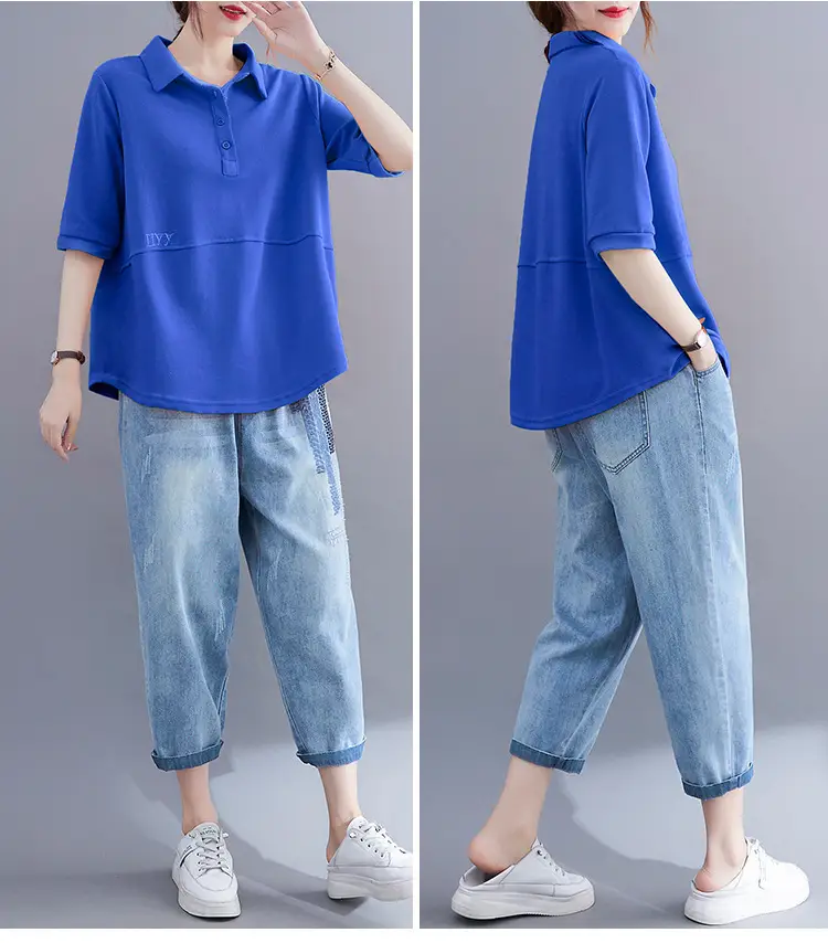 Women Purple Polo T-Shirt 2023 Summer Loose Fit Large — feature 7