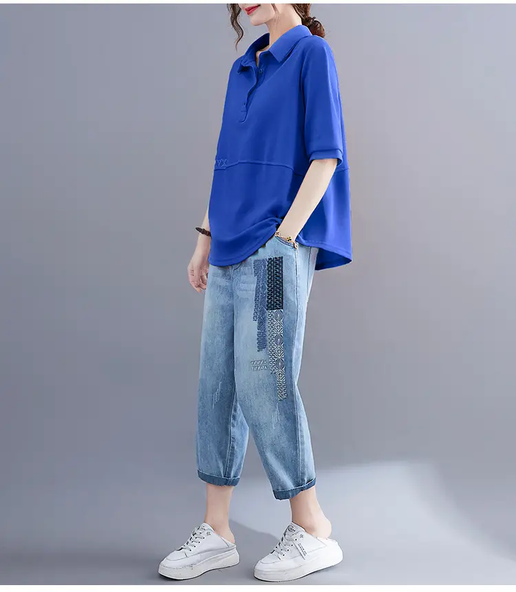 Women Purple Polo T-Shirt 2023 Summer Loose Fit Large — feature 8
