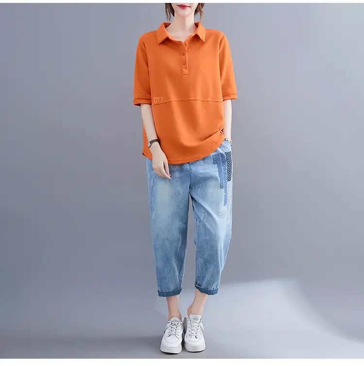 Women Purple Polo T-Shirt 2023 Summer Loose Fit Large — feature 9