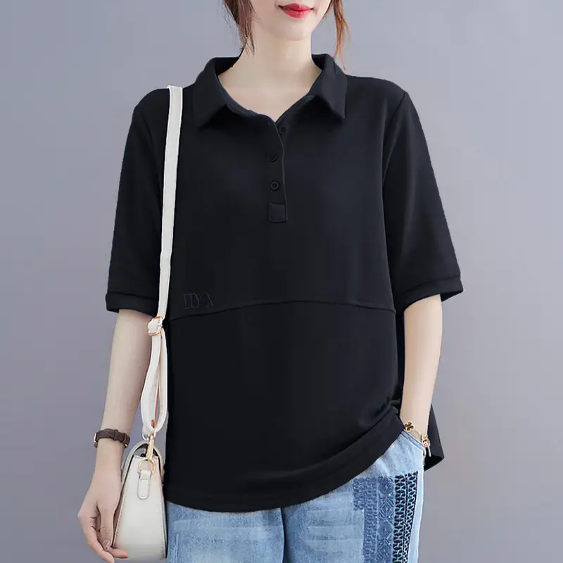 Women Purple Polo T-Shirt 2023 Summer Loose Fit Large - Image 2