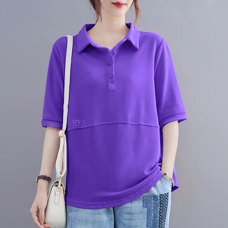 Women Purple Polo T-Shirt 2023 Summer Loose Fit Large - Image 3