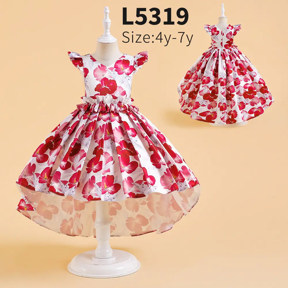Floral Flying Sleeve Dress for Girls Red White - Image 3