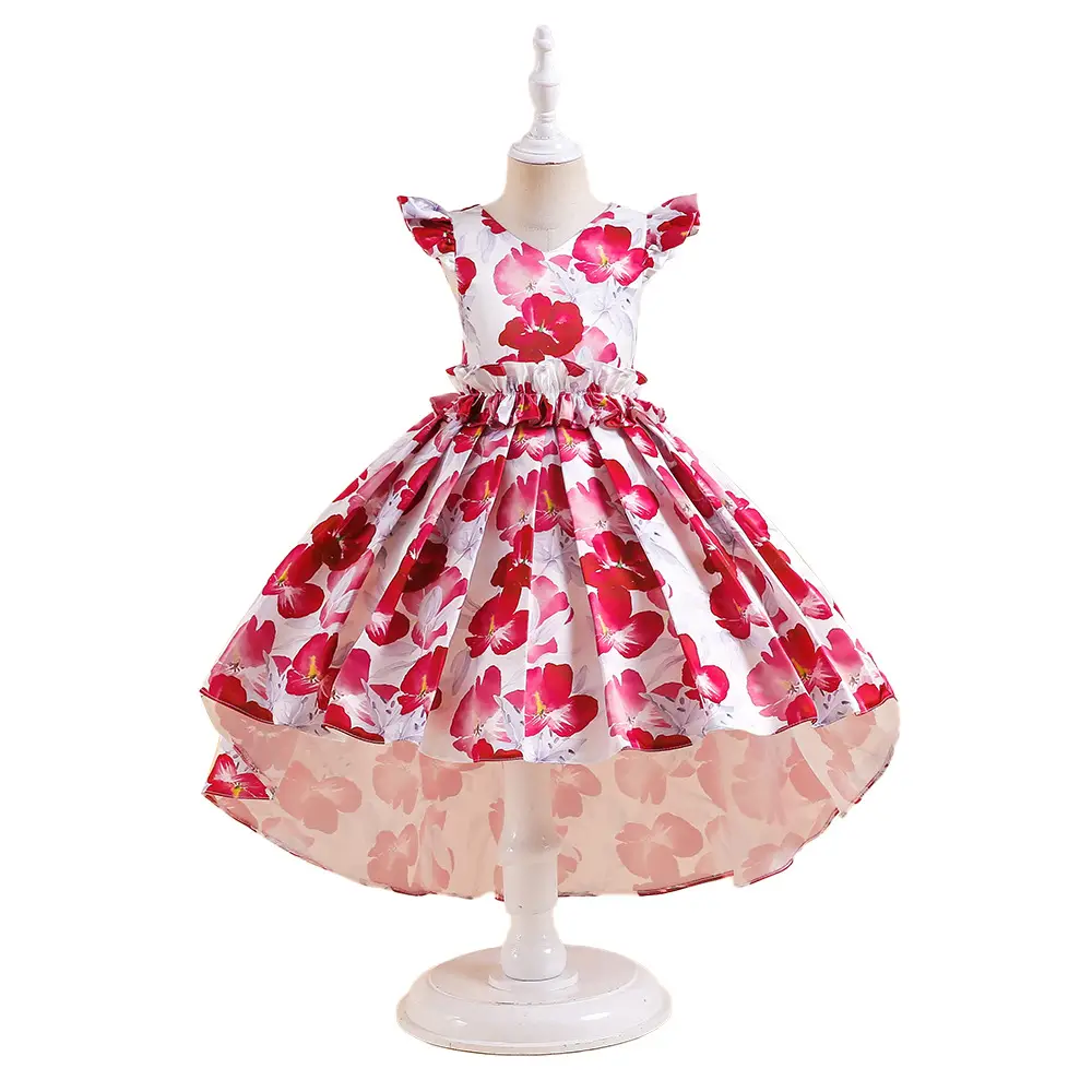 Floral Flying Sleeve Dress for Girls Red White - Image 5