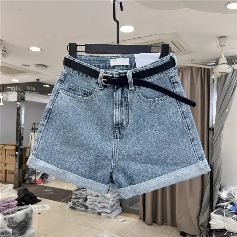 Women Denim Shorts Black High Waist Slim Fit Casual Curled - Image 4