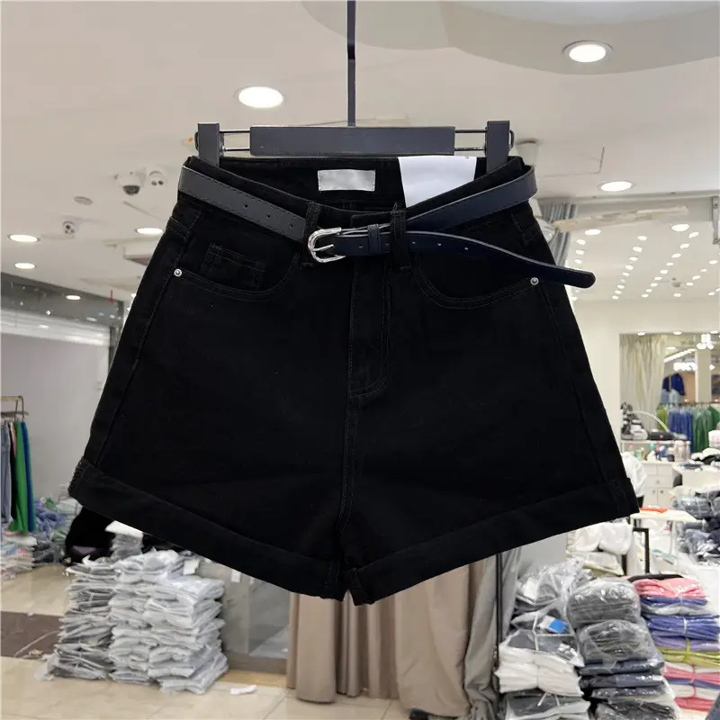 Women Denim Shorts Black High Waist Slim Fit Casual Curled - Image 2