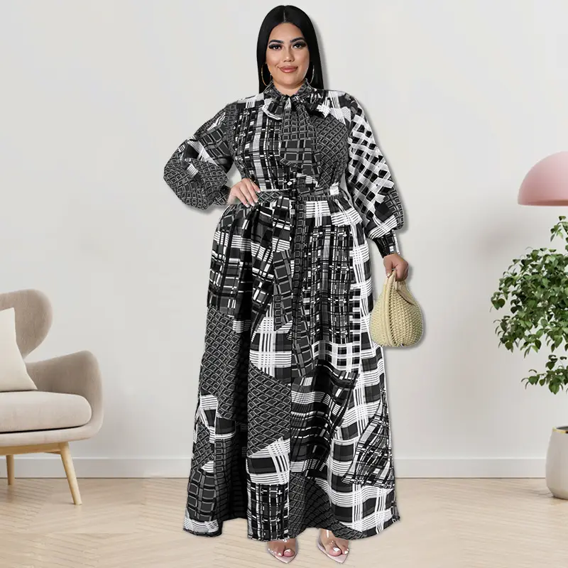 Long Sleeve Collar Dress Red Black White Patchwork Large - Image 7