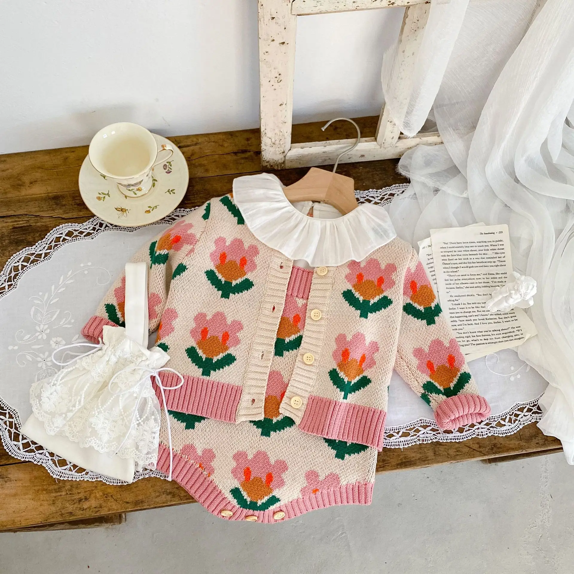 Knitted Romantic Flower Baby Girl Jacket Set Pink Green - Image 4