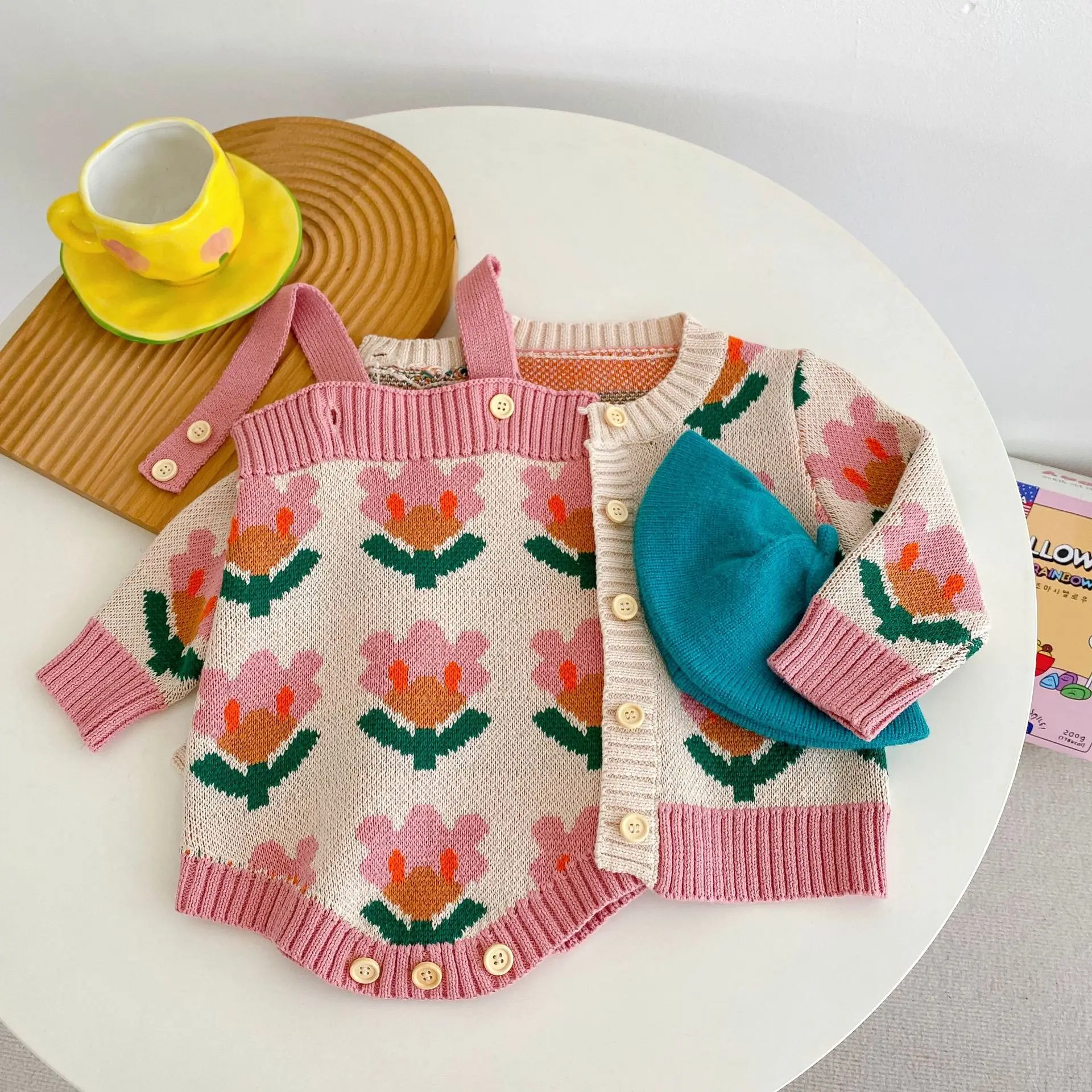 Knitted Romantic Flower Baby Girl Jacket Set Pink Green - Image 5