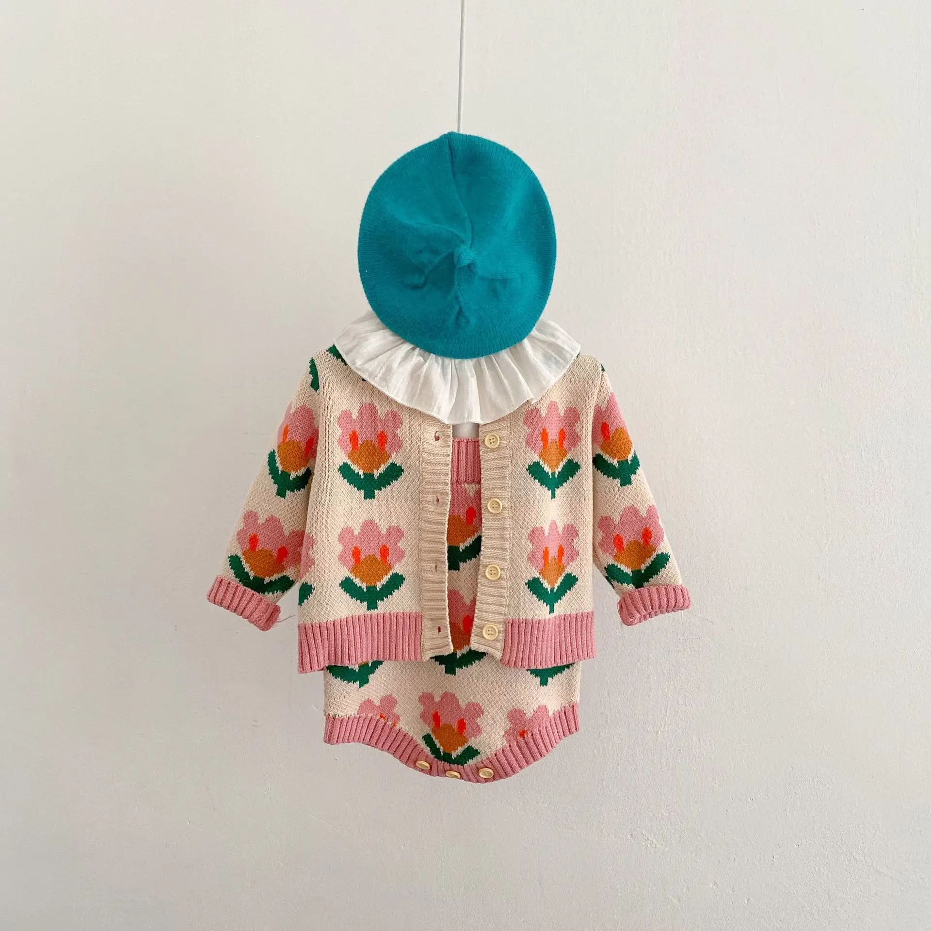 Knitted Romantic Flower Baby Girl Jacket Set Pink Green - Image 6