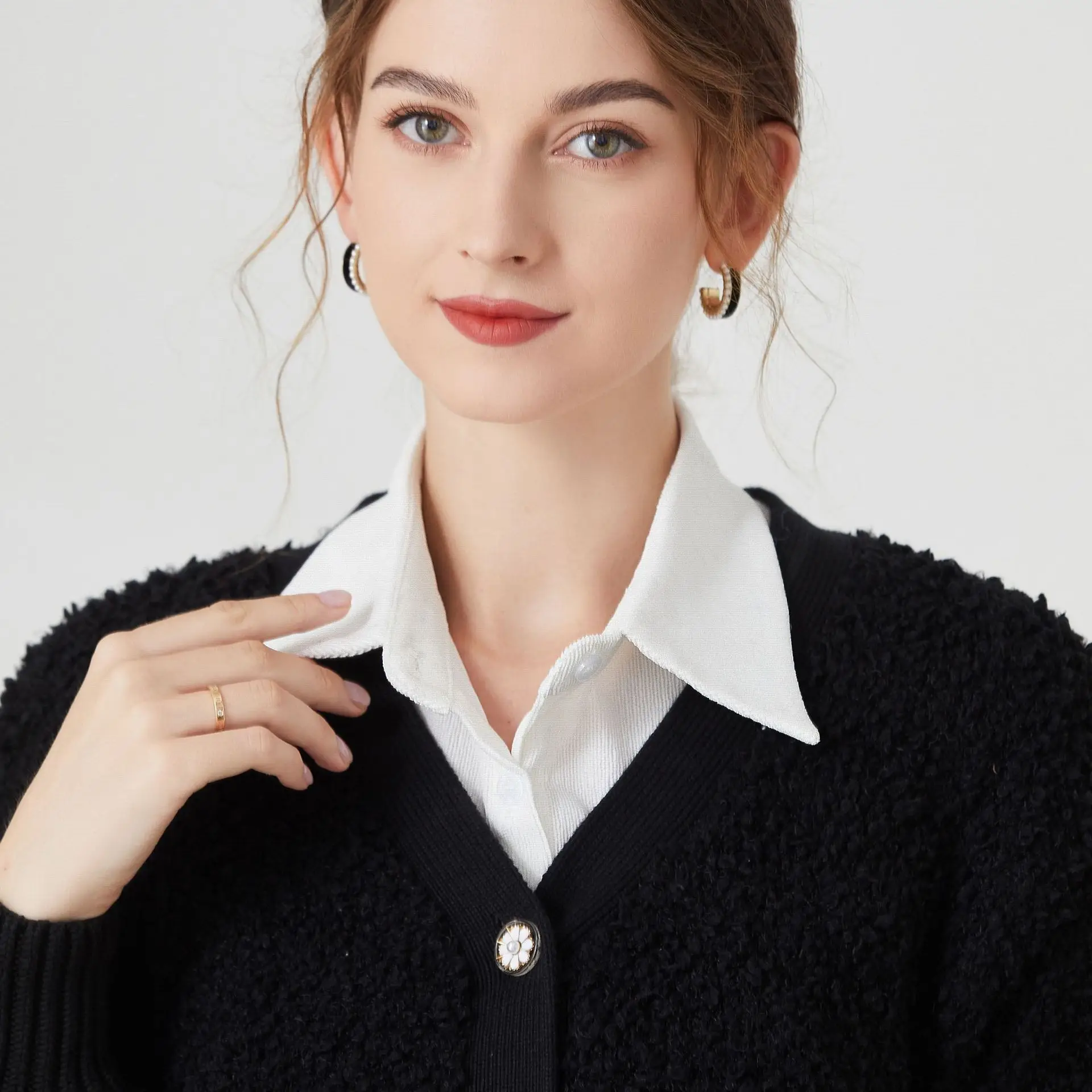Women's White Houndstooth Collar Shirt Long Shirt Cross Border Manufacturer